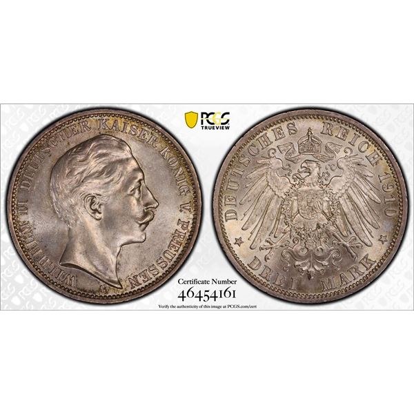 PRUSSIA: Wilhelm II, 1888-1918, AR 3 mark, 1910-A, PCGS MS62