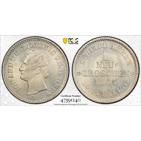 SAXONY: John I, 1854-1873, BI groschen, 1867-B, PCGS MS66
