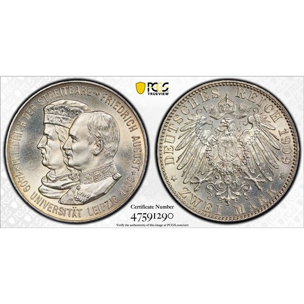 SAXONY: Friedrich August III, 1904-1918, AR 2 mark, 1909, PCGS MS64