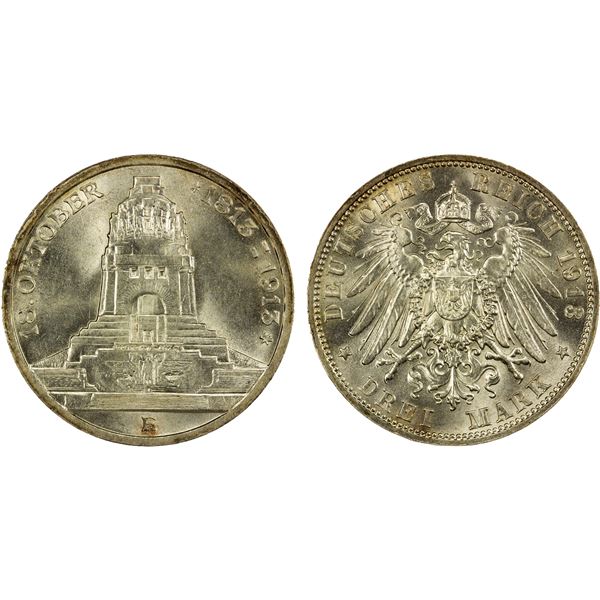 SAXONY: Friedrich August III, 1904-1918, AR thaler, 1913-E, Unc