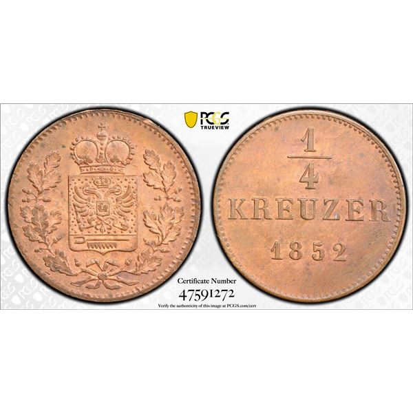 SCHWARZBURG-RUDOLSTADT: Frederick Gunther, 1814-1867, AE ¼ kreuzer, 1852, PCGS MS64 RB