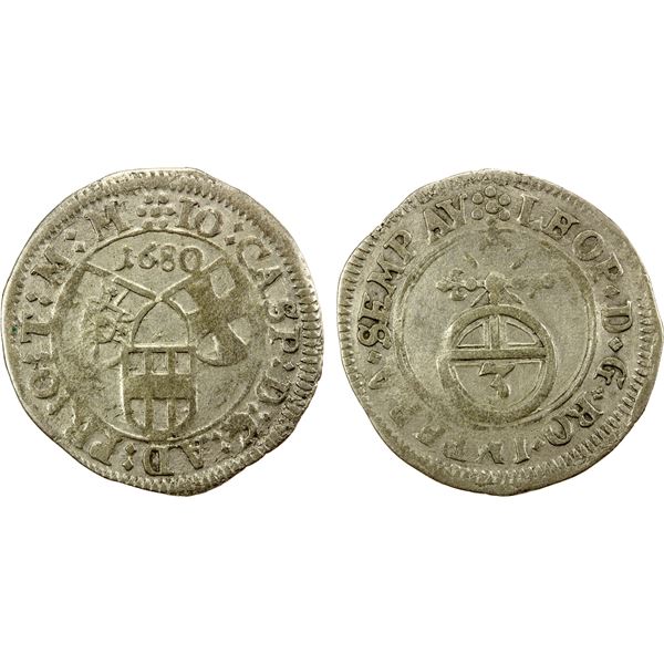 TEUTONIC ORDER: Johann Caspar II, von Ampringen, 1664-1684, AR 3 kreuzer (groschen), 1680, VF