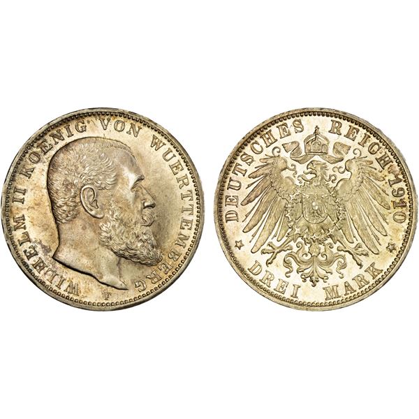 WÜRTTEMBERG: Wilhelm II, 1891-1918, AR 3 mark, 1910-F, Unc