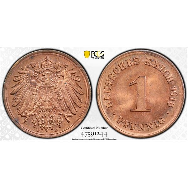 GERMANY: Wilhelm II, 1888-1918, AE pfennig, 1916-D, PCGS MS65 RD