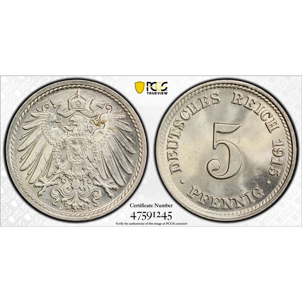 GERMANY: Wilhelm II, 1888-1918, 5 pfennig, 1915-D, PCGS MS65