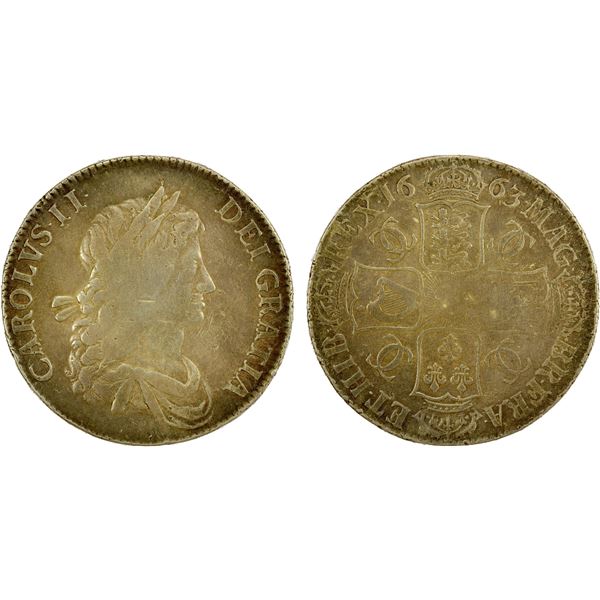 ENGLAND: Charles II, 1660-1685, AR crown, 1663, Choice Fine