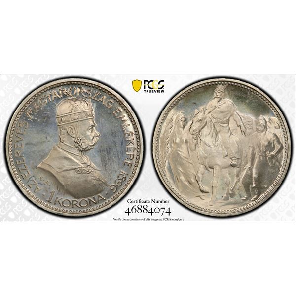 HUNGARY: Franz Joseph I, 1848-1916, AR korona, 1896-KB, PCGS Proof 67