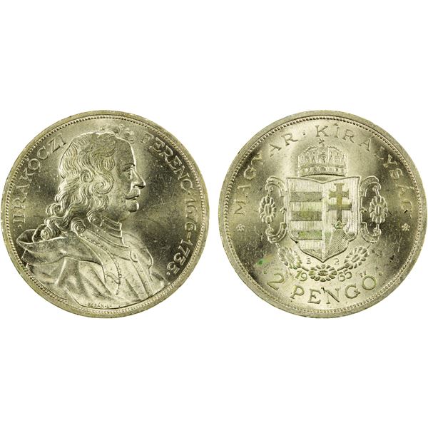 HUNGARY: Miklós Horthy, regent, 1920-1944, AR 2 pengo, 1935, Choice Unc