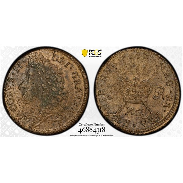 IRELAND: James II, 1685-1691, shilling, March 1869, PCGS AU details
