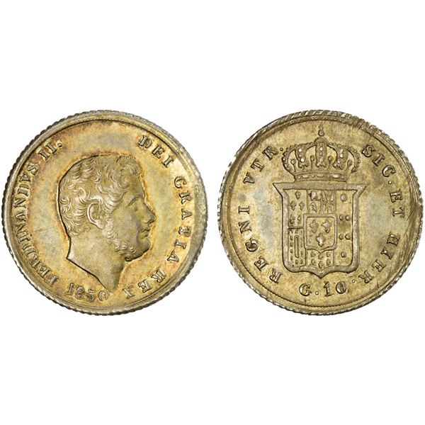 NAPLES & SICILY: Ferdinando II, 1830-1859, AR 10 grana, 1850, AU