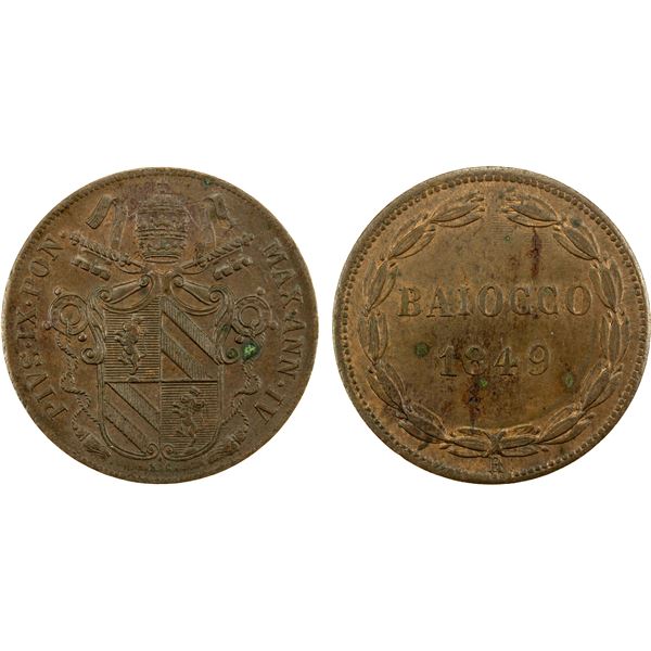 PAPAL STATES: Pius IX, 1846-1870, AE baiocco, 1849-R, AU
