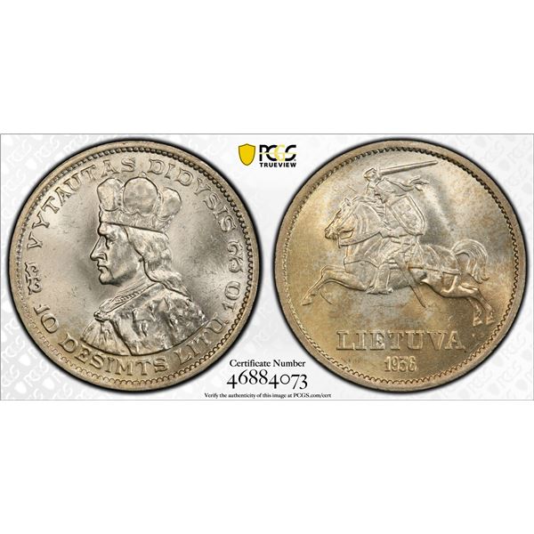 LITHUANIA: Republic, AR 10 litu, 1936, PCGS MS64