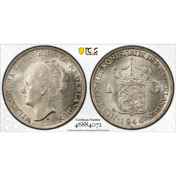 NETHERLANDS: Wilhelmina, 1890-1948, AR gulden, 1944-P, PCGS MS63