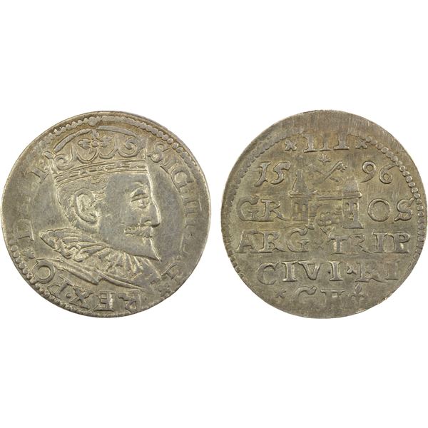 POLAND: Sigismund III, 1587-1632, AR trojak (3 grosze), Riga, 1596, choice EF
