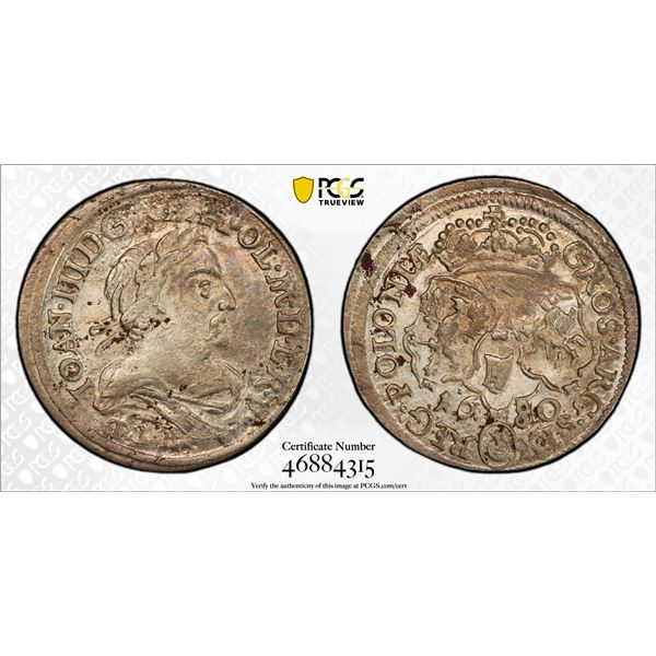 POLAND: John III Sobieski, 1649-1668, AR szostak (6 groszy), Bydgoszcz (Bromberg), 1680, PCGS AU det