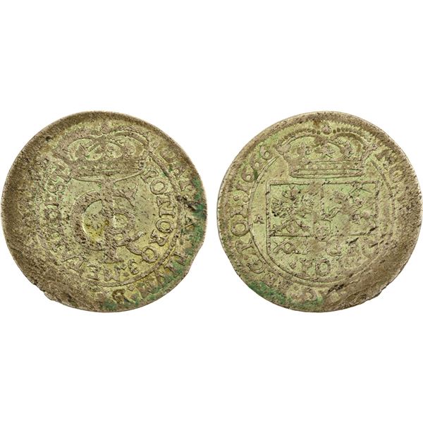POLAND: Jan II Kazimierz Waza, 1674-1696, AR gulden, 1666, EF