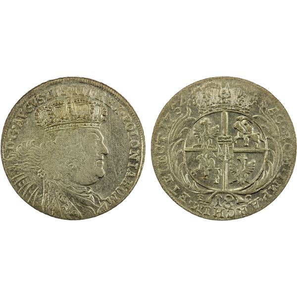 POLAND: August III, 1733-1763, BI 18 groszy (tympf), 1754, Choice EF