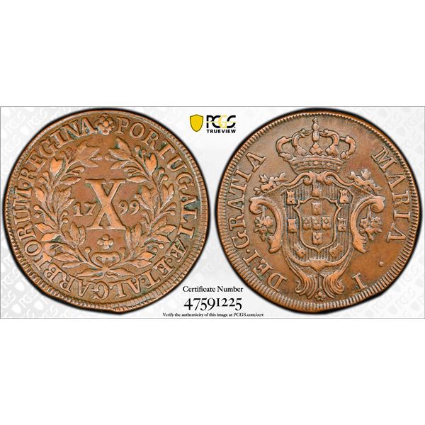 PORTUGAL: Maria I, 1786-1799, AE 10 reis, Lisbon, 1799, PCGS AU50