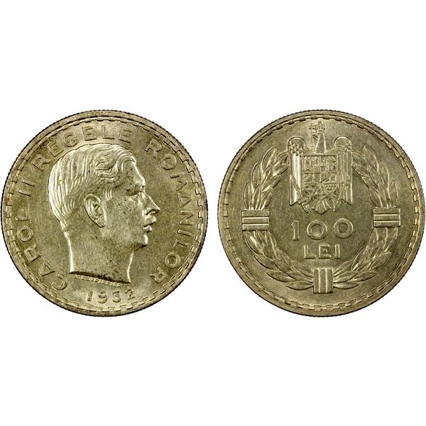 ROMANIA: Carol II, 1930-1940, AR 100 lei, 1932, AU-UNC