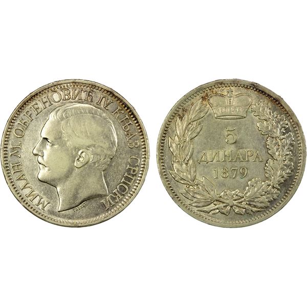 SERBIA: Milan I, 1868-1882, AR 5 dinara, 1879, VF