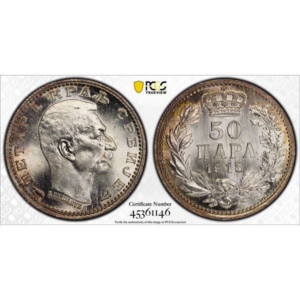 SERBIA: Peter I, 1903-1918, AR 50 para, 1915, PCGS MS65