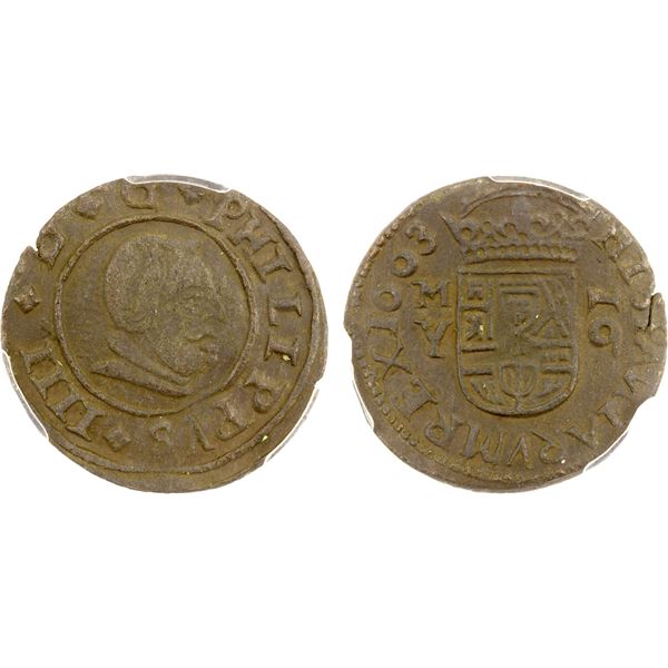 SPAIN: Felipe IV, 1621-1665, AE 16 maravedis, Madrid, 1663, PCGS AU58