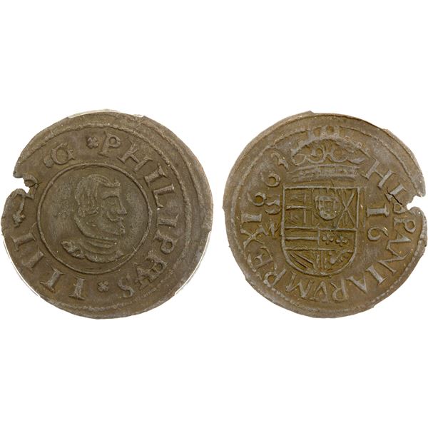 SPAIN: Felipe IV, 1621-1665, AE 16 maravedis, Segovia, 1663, PCGS MS63 BN