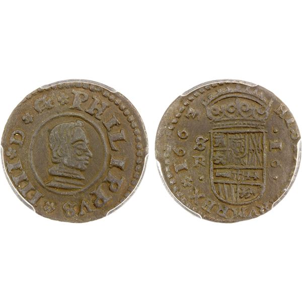 SPAIN: Felipe IV, 1621-1665, AE 16 maravedis, Sevilla, 1663, PCGS MS63 BN