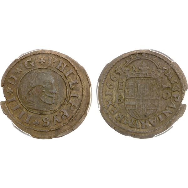 SPAIN: Felipe IV, 1621-1665, AE 16 maravedis, Valladolid, 1663, PCGS MS63 BN
