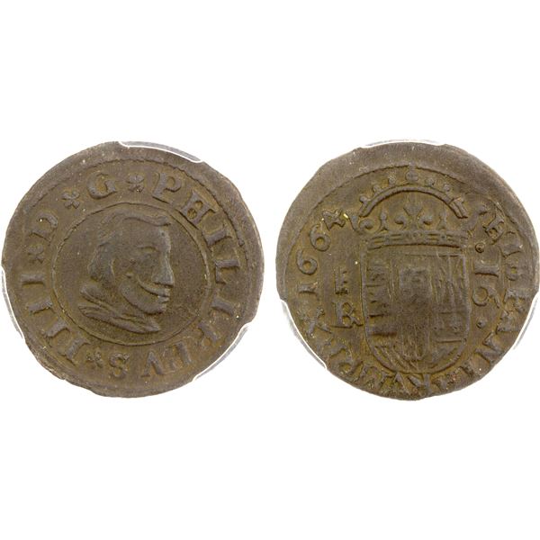 SPAIN: Felipe IV, 1621-1665, AE 16 maravedis, Segovia, 1664, PCGS AU58