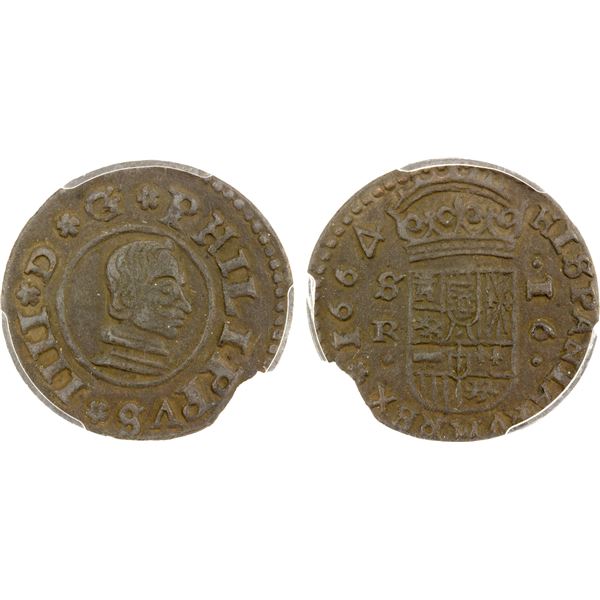 SPAIN: Felipe IV, 1621-1665, AE 16 maravedis, Sevilla, 1664, PCGS MS62 BN