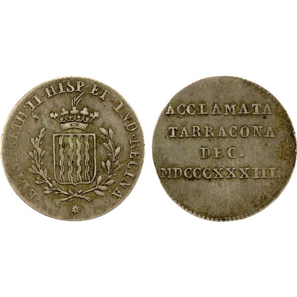 SPAIN: Isabel II, 1833-1868, AR medal (2.71g), 1833, VF-EF