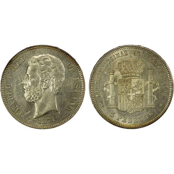SPAIN: Amedeo I, 1871-1873, AR 5 pesetas, 1871(71), Choice AU