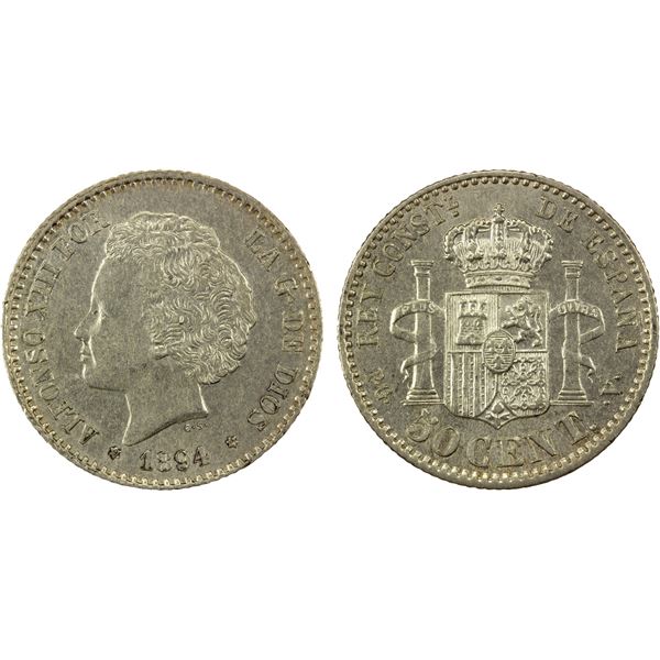 SPAIN: Alfonso XIII, 1886-1931, AR 50 centimos, 1894 (94), Choice EF