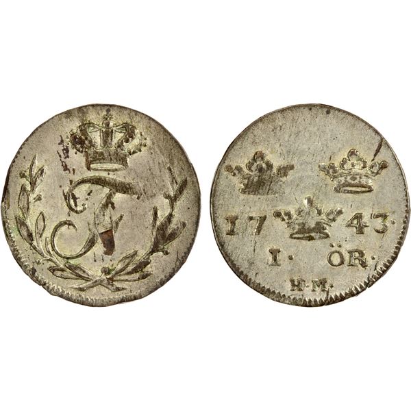 SWEDEN: Fredrik I, 1720-1751, AR öre silvermynt, 1743, AU