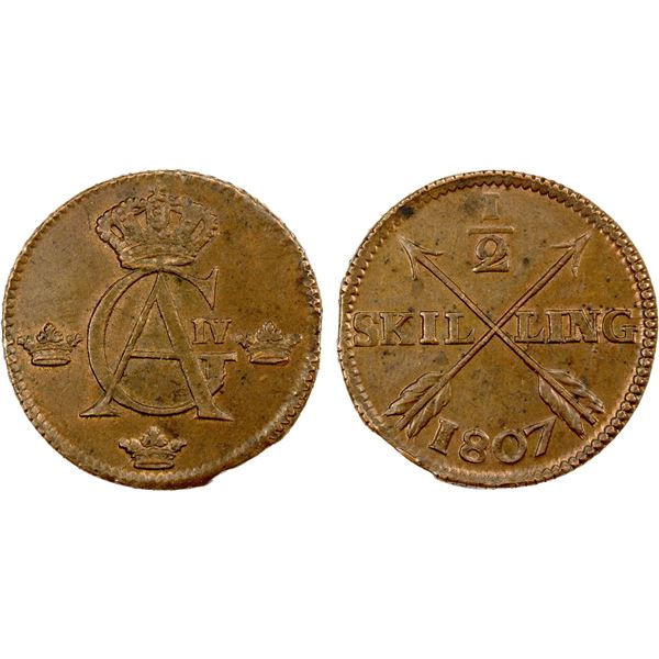 SWEDEN: Gustav IV Adolf, 1792-1809, AE 1/2 skilling, 1807, Choice Lustrous Almost Unc