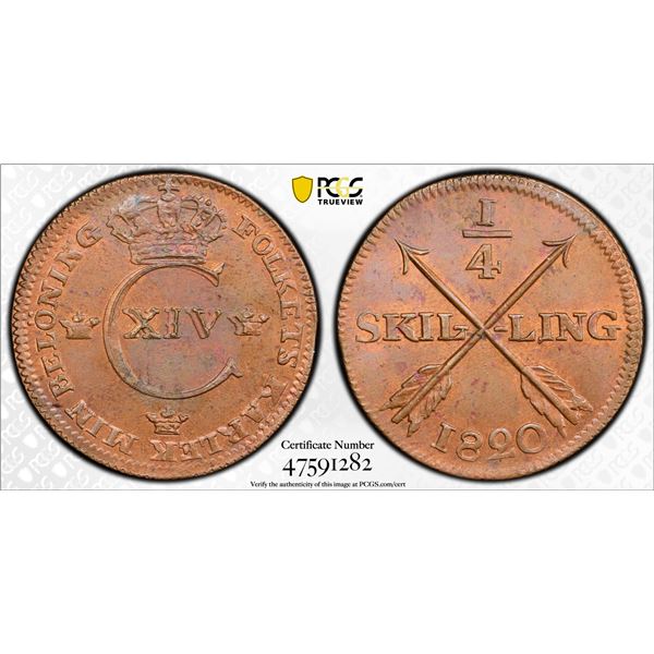 SWEDEN: Karl XIV, 1818-1844, AE ¼ skilling, 1820, PCGS MS64 RB