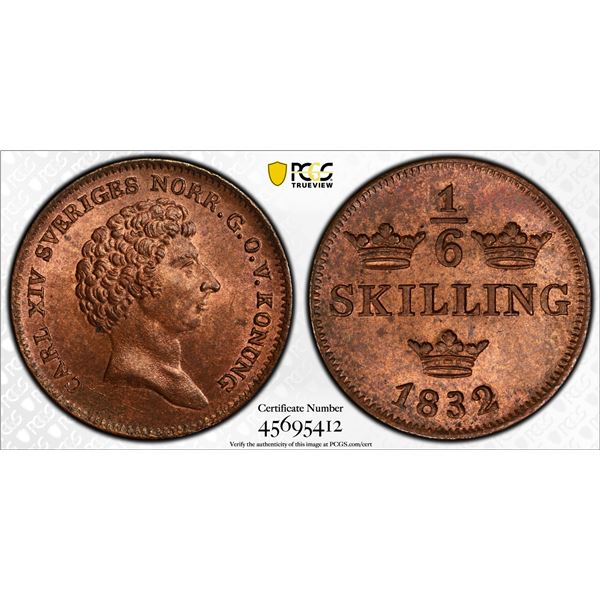 SWEDEN: Karl XIV, 1818-1844, AE 1/6 skilling, 1832, PCGS MS65 RB
