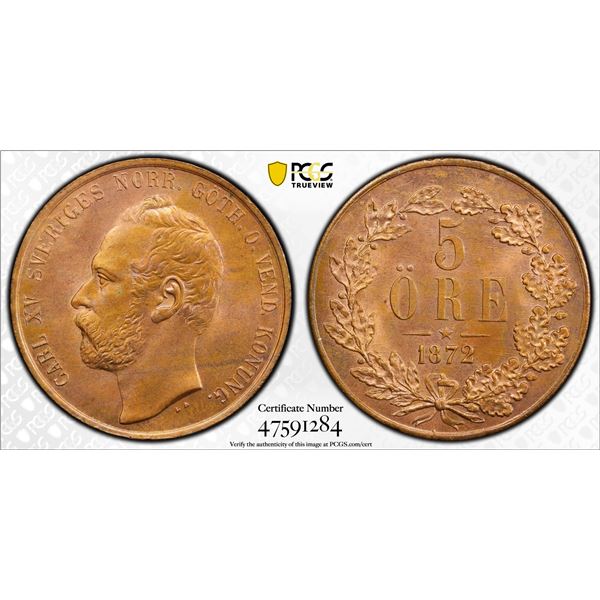 SWEDEN: Karl XV, 1859-1872, AE 5 ore, 1872, PCGS MS65 RB