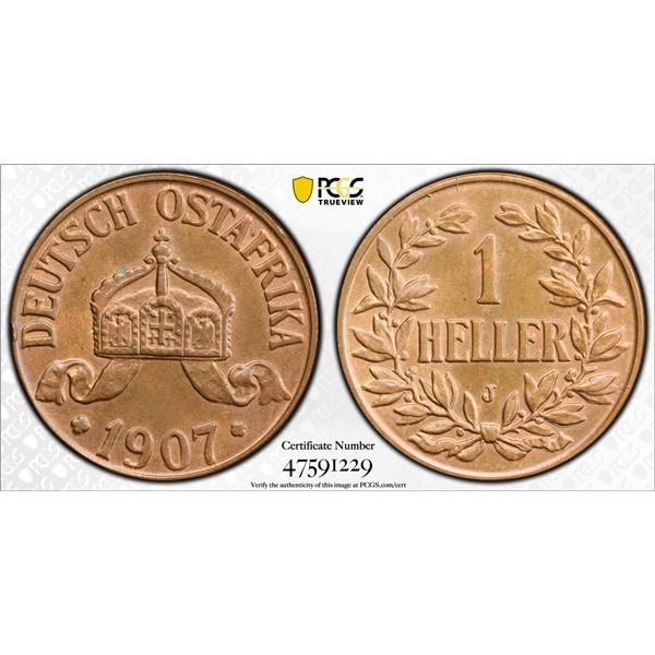GERMAN EAST AFRICA: Wilhelm II, 1888-1918, AE heller, 1907-J, PCGS MS65 RB