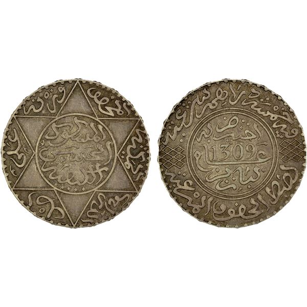 MOROCCO: Moulay al-Hasan, 1873-1894, AR 5 dirhams, Paris, AH1309, EF