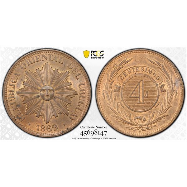 URUGUAY: Republic, AE 4 centesimos, 1869-H, PCGS MS64 BN