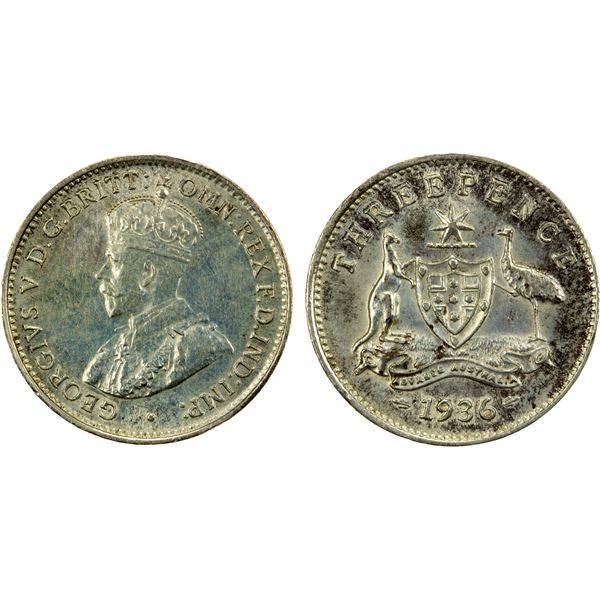 AUSTRALIA: George V, 1910-1936, AR 3 pence, 1936, Unc