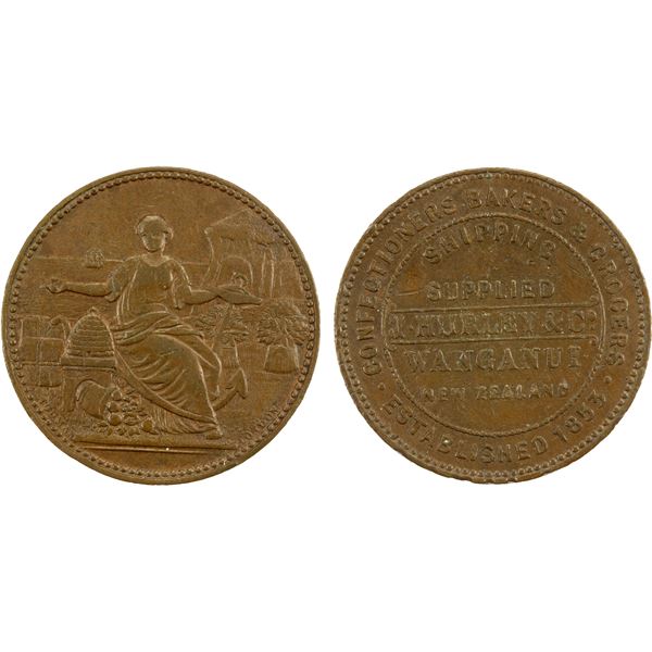 NEW ZEALAND: AE ½ penny token (5.46g), J. Hurley & Co., Wanganui, ND (1857), EF