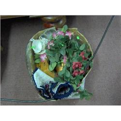 BOX OLD DISH, GLASS PLATTER, OIL LAMP, SILK FLOWERS, OLD ORNAMENTS AND MORE