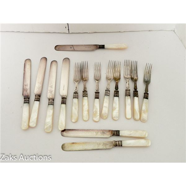 VINTAGE MOTHER OF PEARL KNIVES AND FORKS