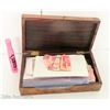 Image 1 : WOODEN JEWELLERY BOX WITH FOREIGN CURRENCY