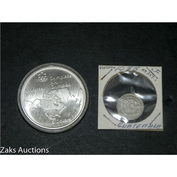 SILVER $5 1976 MONTREAL OLYMPIC COIN AND 1955 GUATEMALA COIN