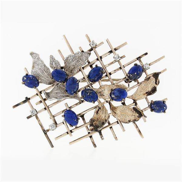 Vintage 14K Multi Tone Gold Blue Lapis & Diamond Textured Leaves Grid Brooch Pin