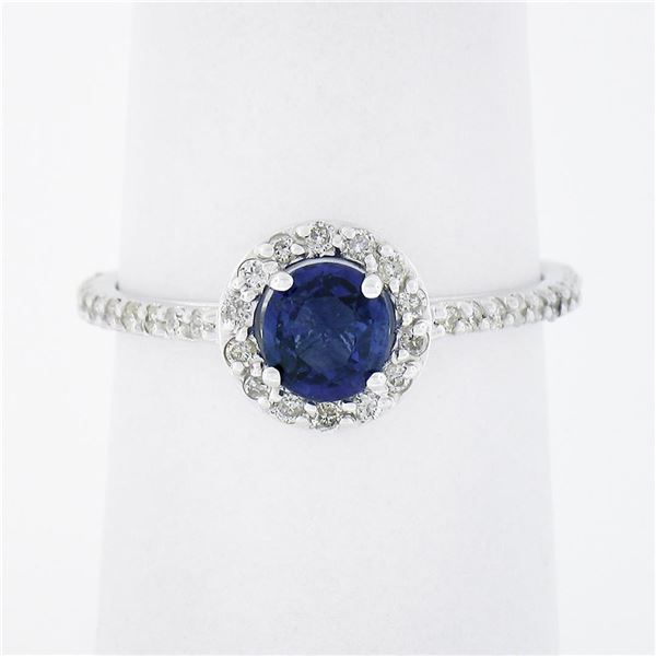 Petite 14K White Gold 1.01 ctw Round Sapphire Solitaire Diamond Halo Promise Rin